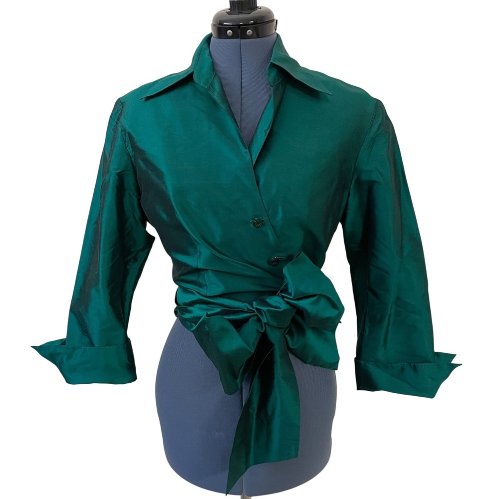 Marisa Baratelli Green 100% Thai Silk Wrap Blouse Tie Waist Top Luxury Holiday L